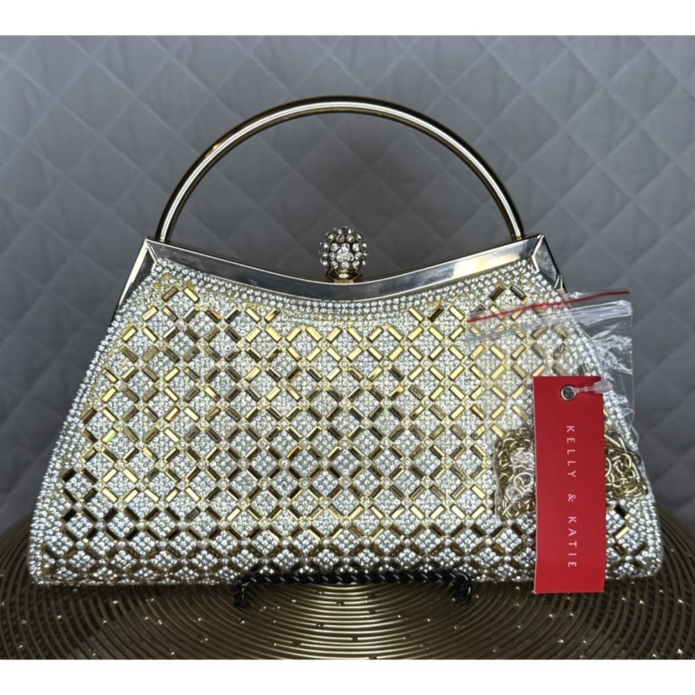 NWT Prom Worthy Kelly & Katie Gala Gold Rhinestone Clutch Detachable Metal Strap